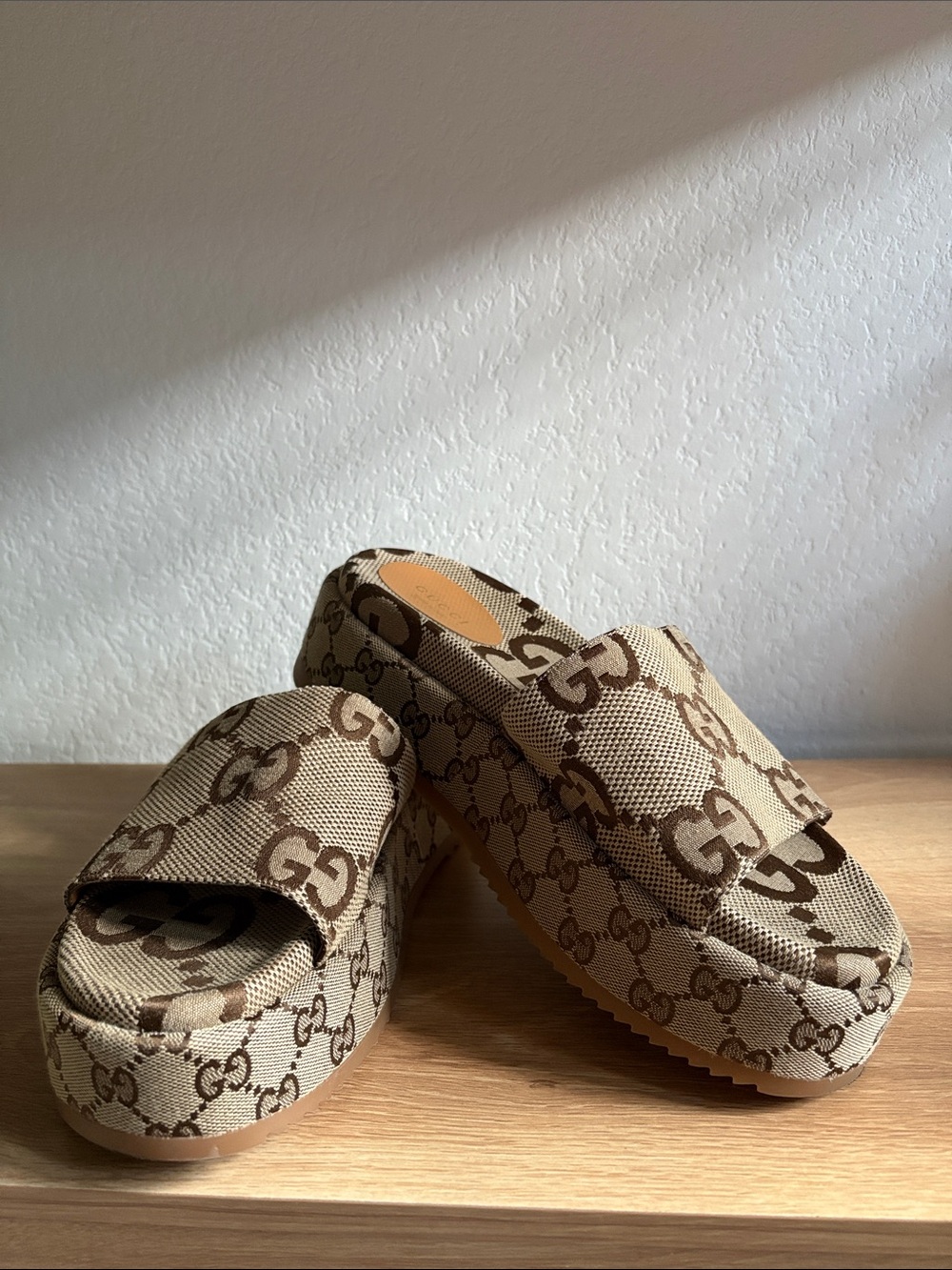 Gucci Beige/Brown GG Canvas Platform Slide Mules - Picture 8 of 8